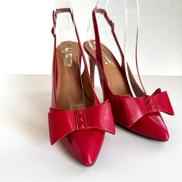 HALOGEN LILA RED LEATHER STUDDED BOW POINTED-TOE SLINGBACK HEELS PUMPS Sz7 - Picture 1 of 13
